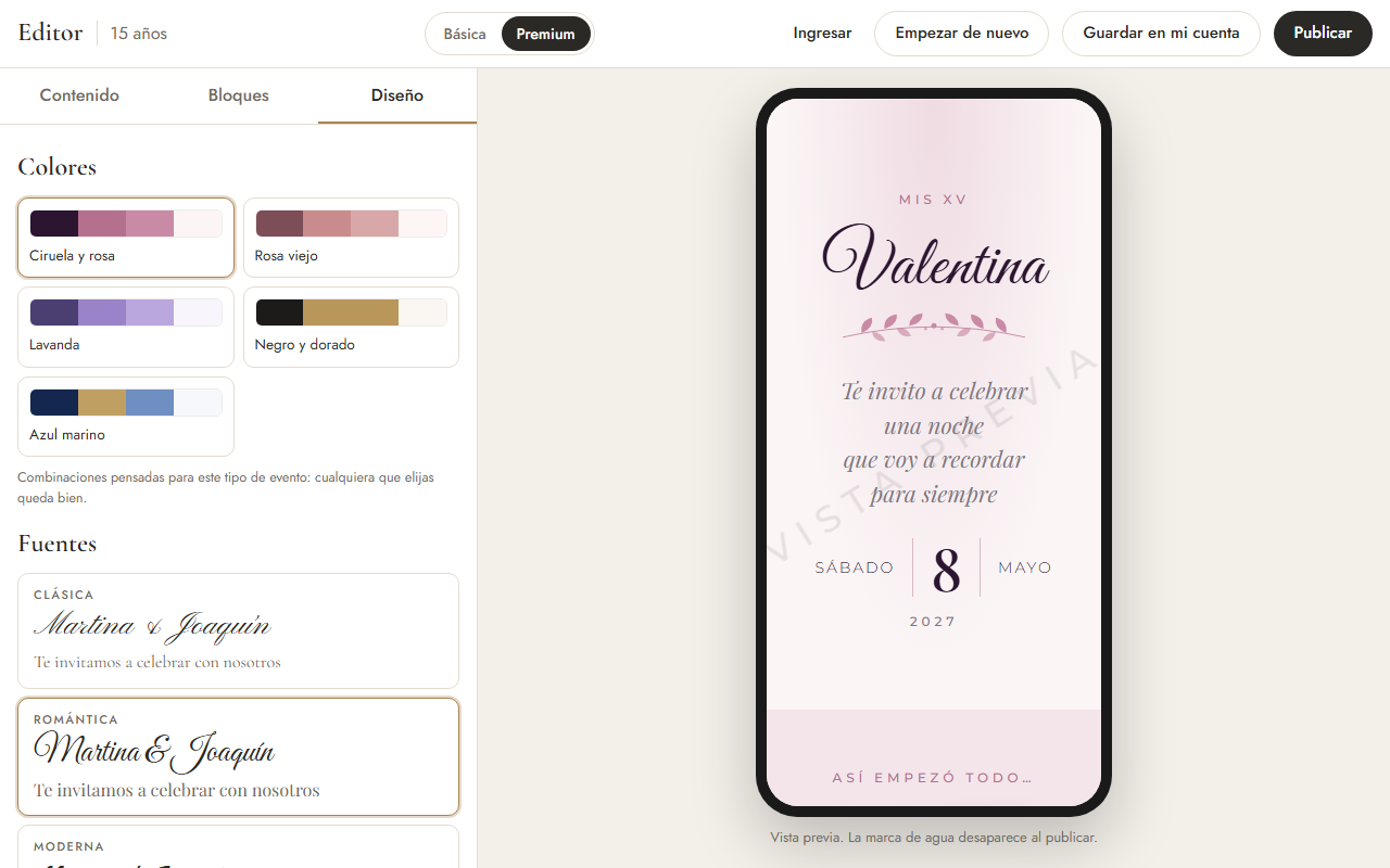 El editor: a la izquierda las paletas y tipografías, a la derecha la vista previa de una invitación de XV